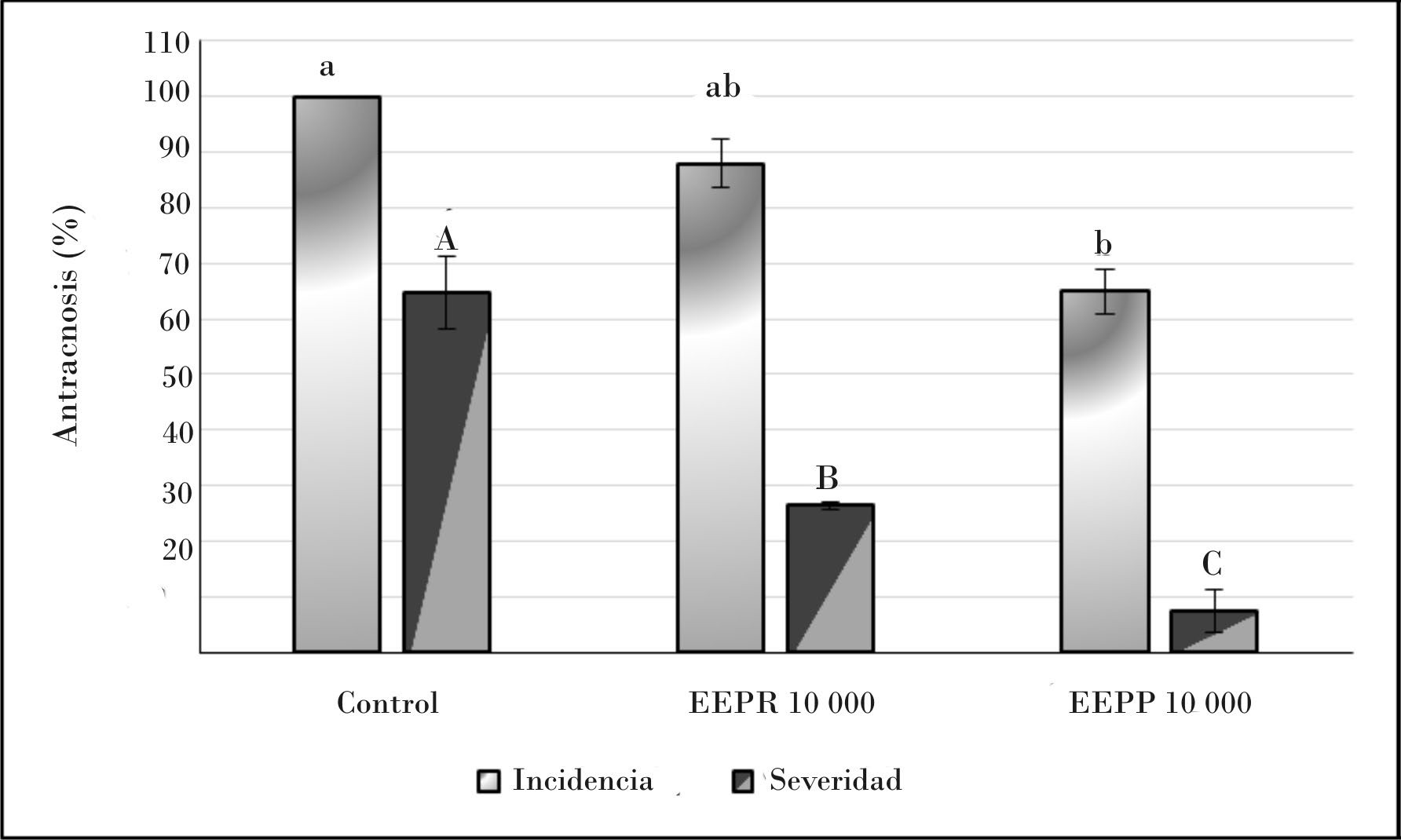 Incidencia y severidad de antracnosis en frutas de mango Super Haden después de tratadas con extractos etanólicos de propóleos rojo y pardo a una concentración (mg • L-1) y conservadas a 14 ºC ± 1 ºC durante 12 días. Las barras representan ± Desviación Estándar (n = 3).