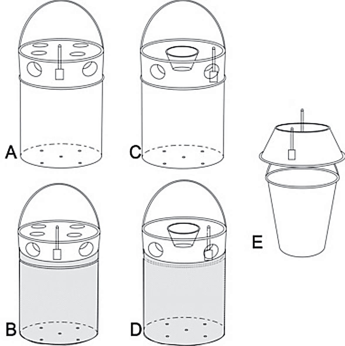 Diseños de trampas evaluadas para la captura de adultos de R. palmarum: Diseño 1 (A), diseño 2 (B), diseño 3 (C), diseño 4 (D), testigo (E).
