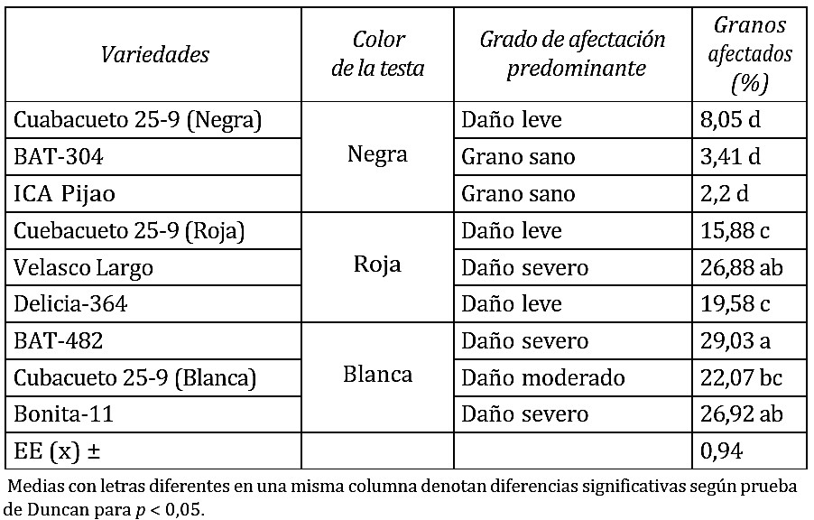 Grado y porcentaje de afectación de los granos de 10 plantas de frijol en cada variedad